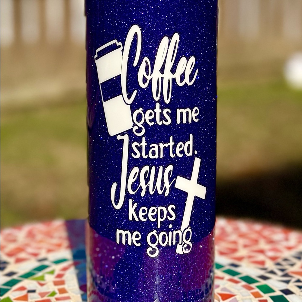 20oz Purple Glitter “coffee gets me started Jesus keeps me going” Tumbler